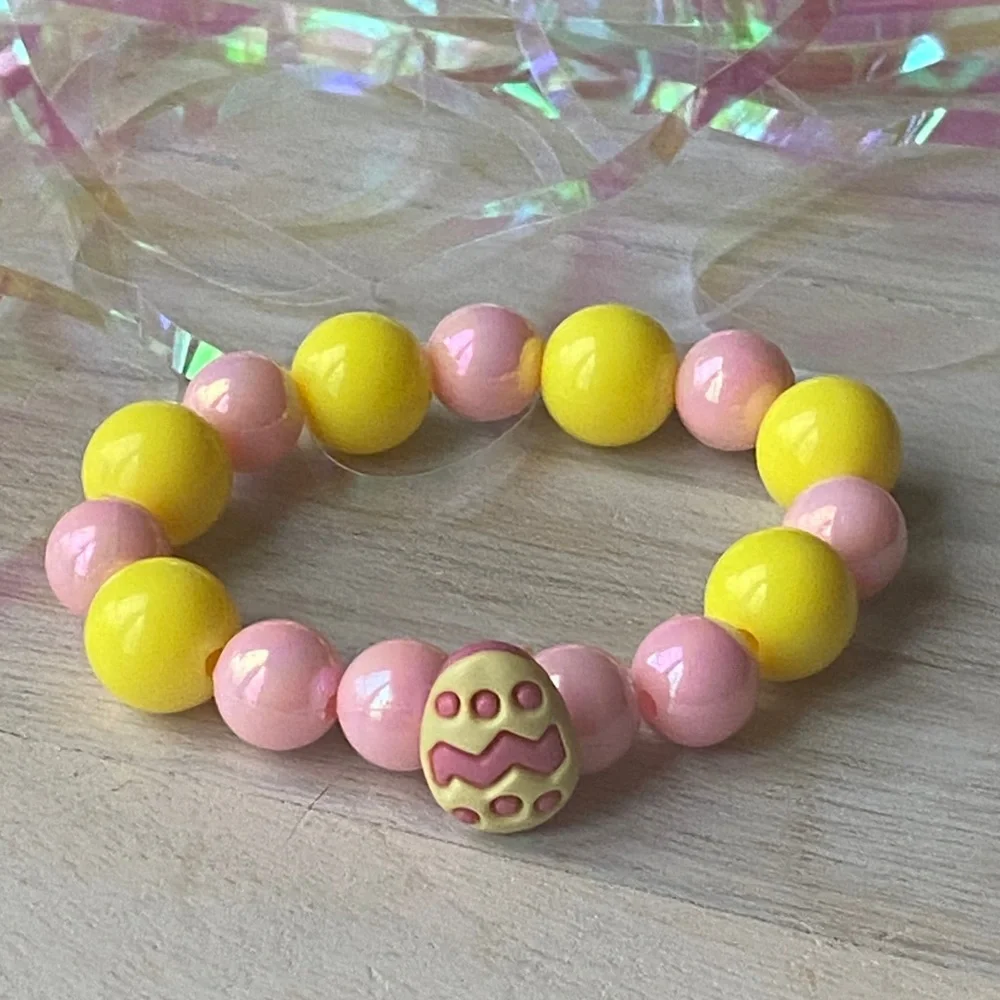 Girls Easter Yellow Pink Beaded Stretch Bracelet with Easter Egg Charm Stacking